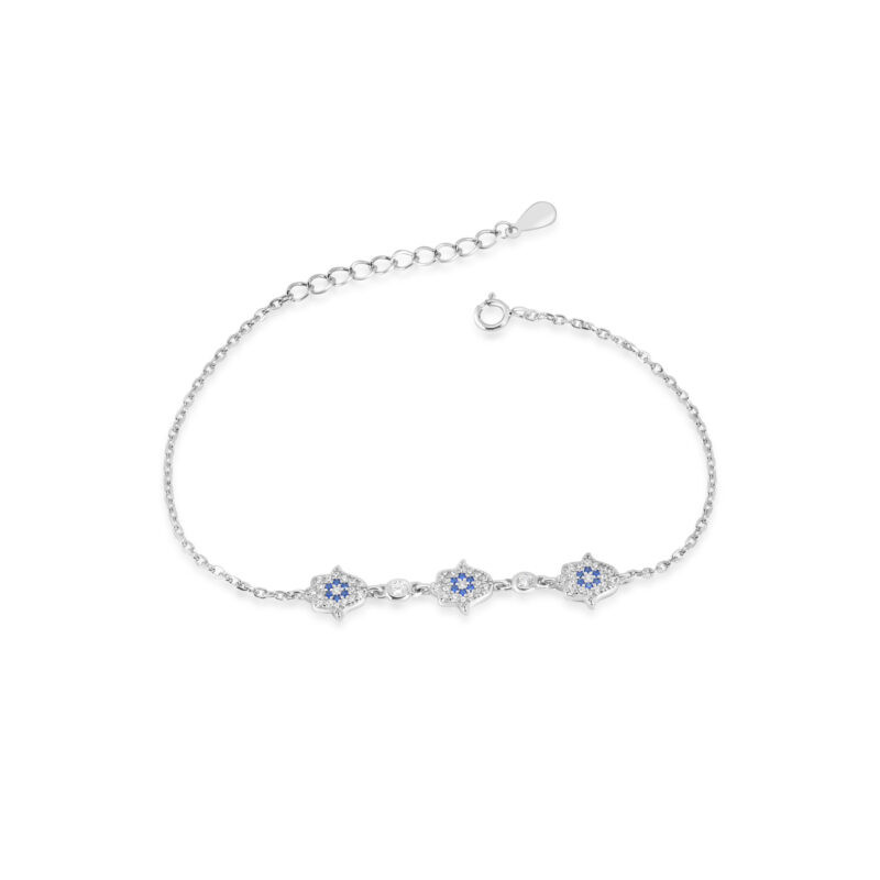 Bracelet fleurs bleues en argent 925 avec œil protecteur et zircons bleus