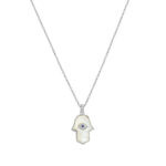 Collier Khmissa nacre en argent 925 avec pendentif main de Fatma et œil bleu