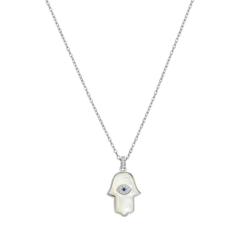 Collier Khmissa nacre en argent 925 avec pendentif main de Fatma et œil bleu