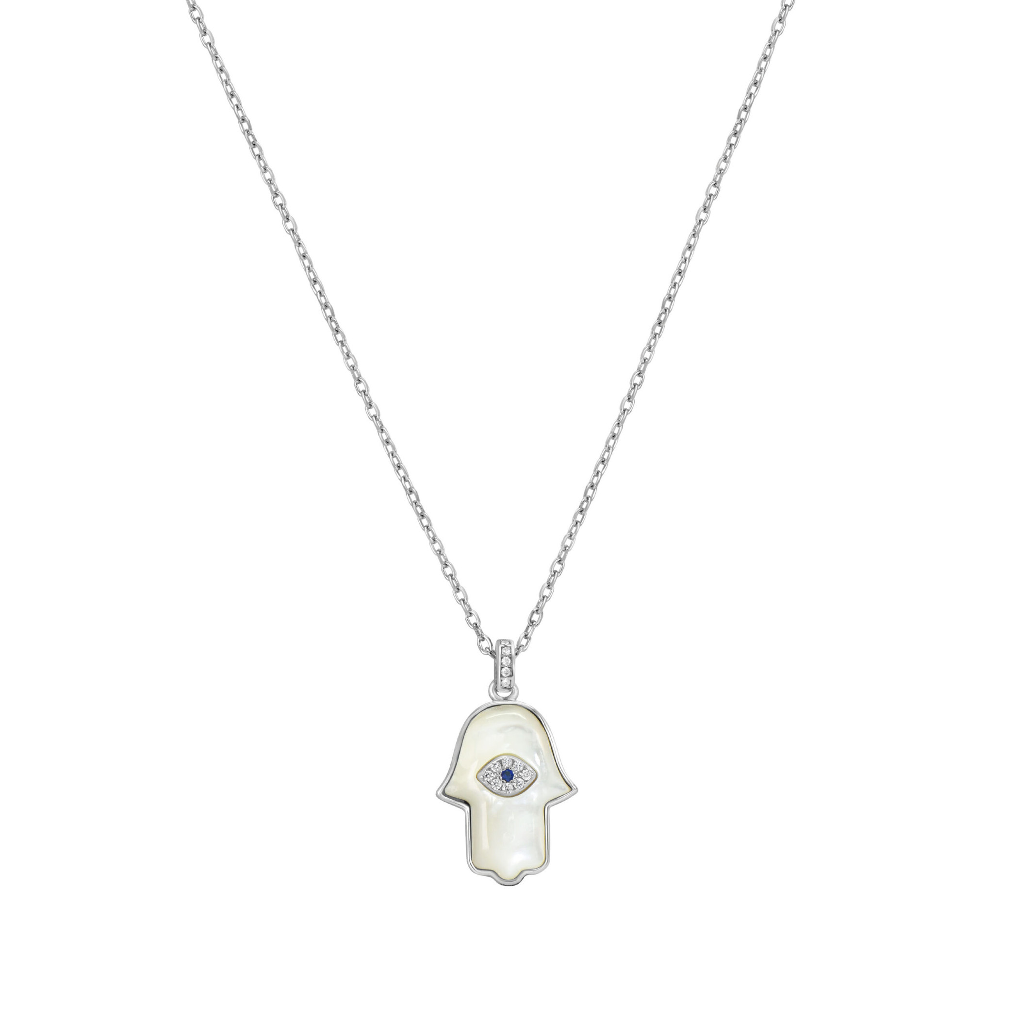 Collier Khmissa Nacre en Argent 925 – Main de Fatma & Œil Bleu Collier Khmissa nacre en argent 925 avec pendentif main de Fatma et œil bleu