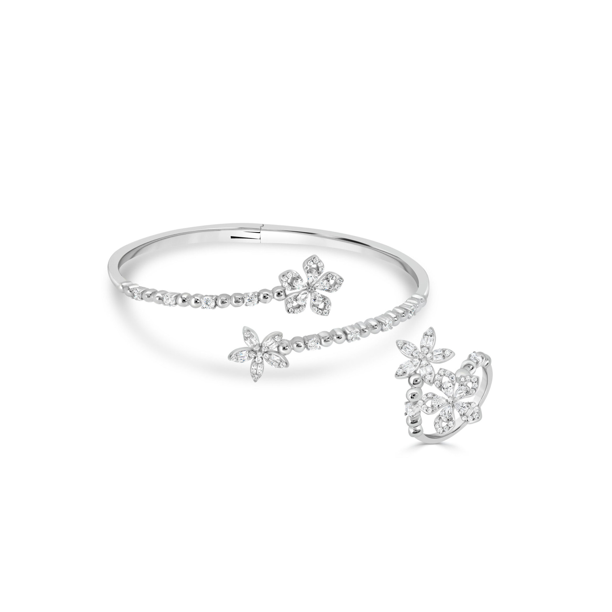 Ensemble bague et bracelet fleur en argent 925 serti de zircons blancs