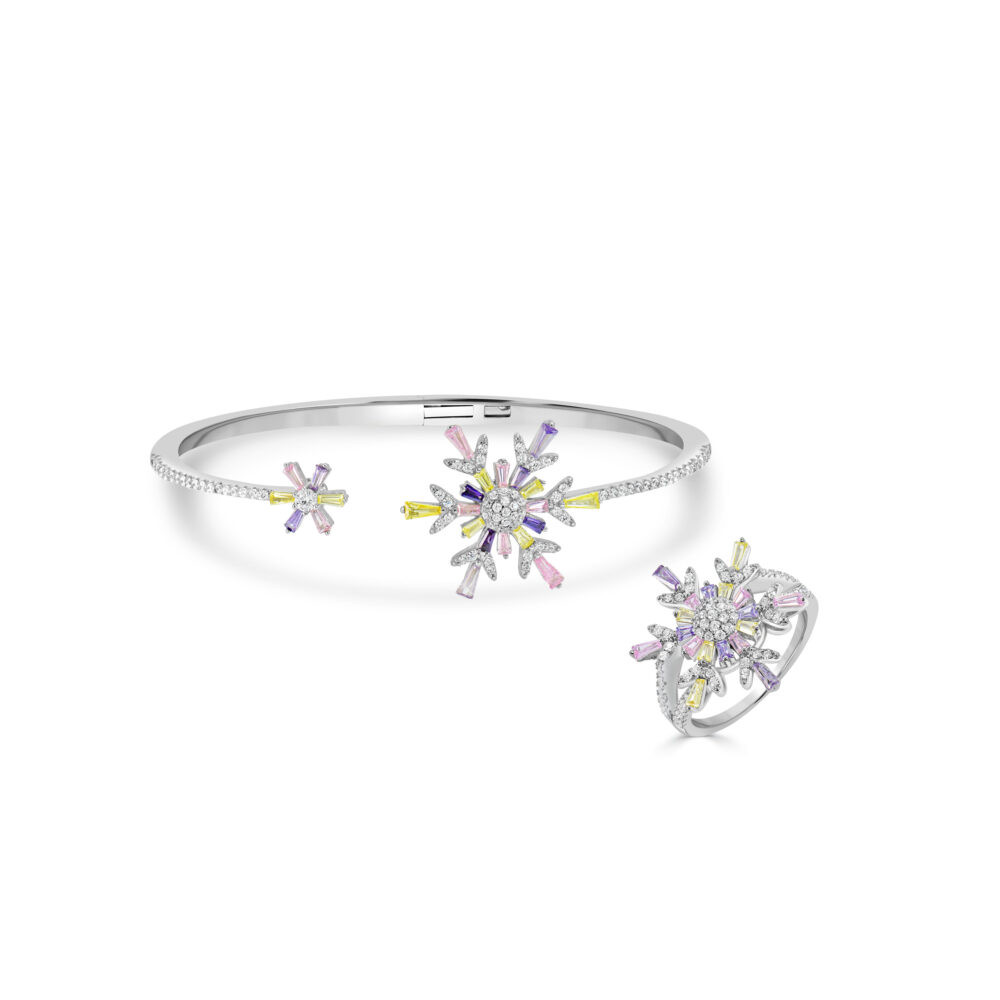 Ensemble bague et bracelet fleurs pastel en argent 925 aux zircons colorés
