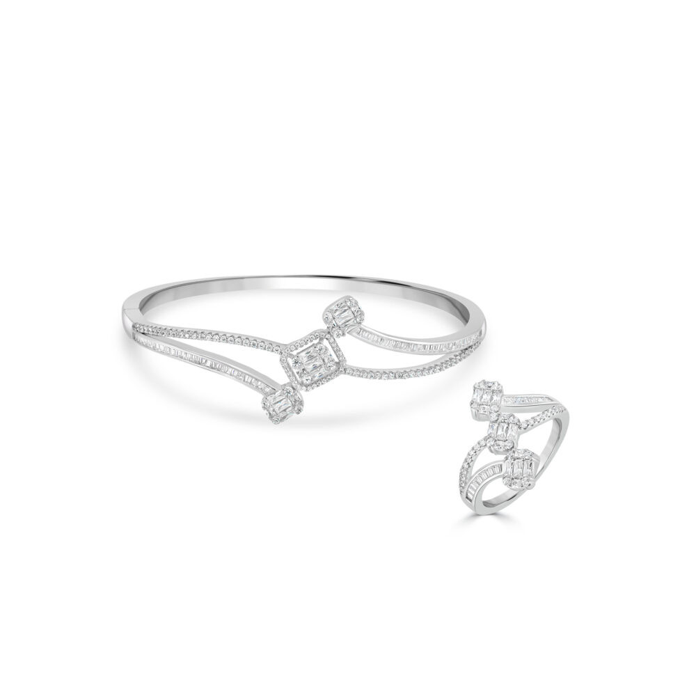 Ensemble bague et bracelet solitaire carré en argent 925 pavé de zircons