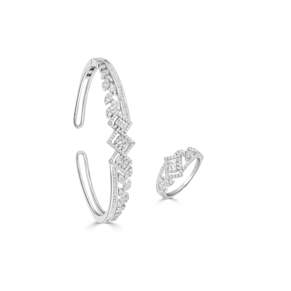 Ensemble bague et bracelet zigzag en argent 925 avec baguettes serties
