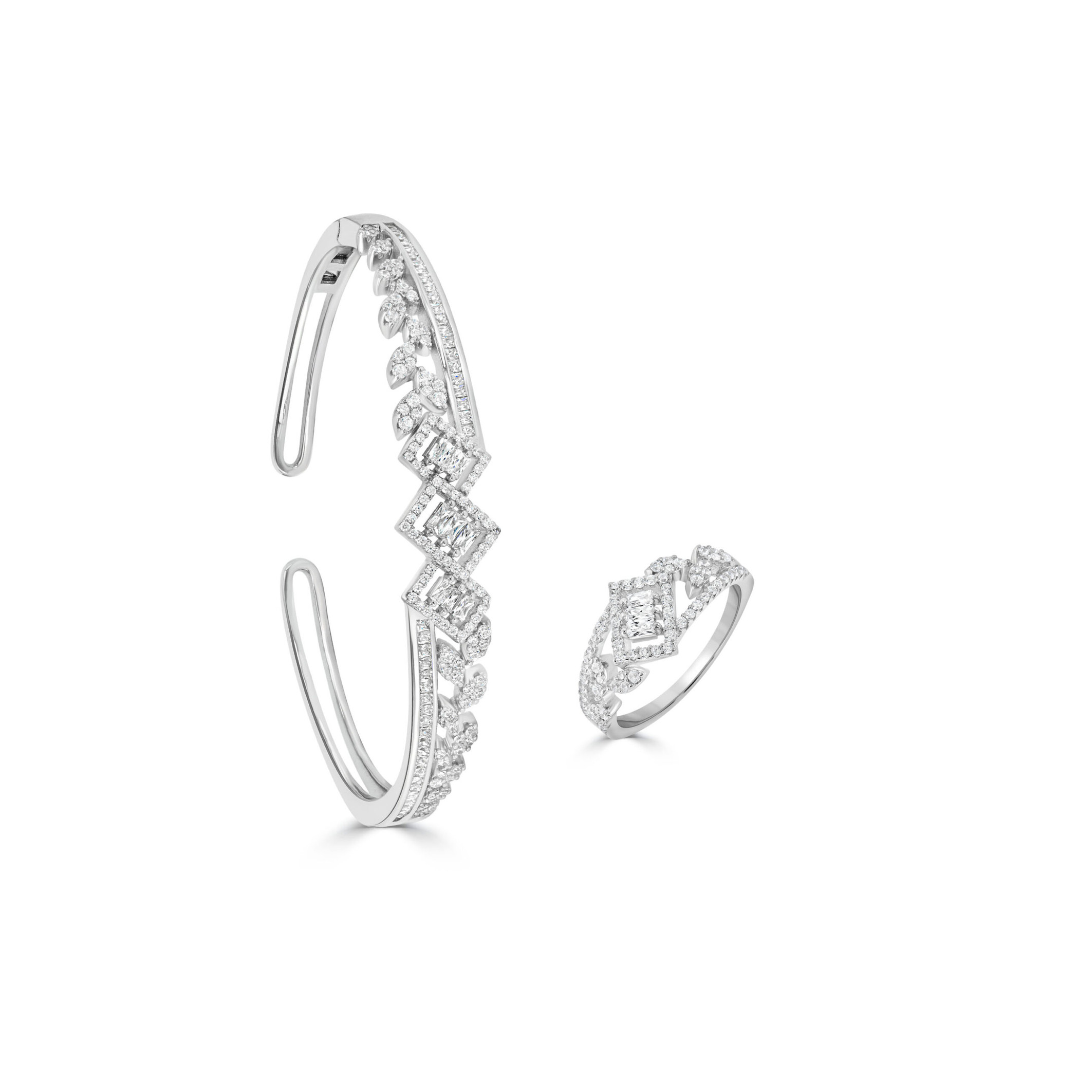 Ensemble bague et bracelet zigzag en argent 925 avec baguettes serties